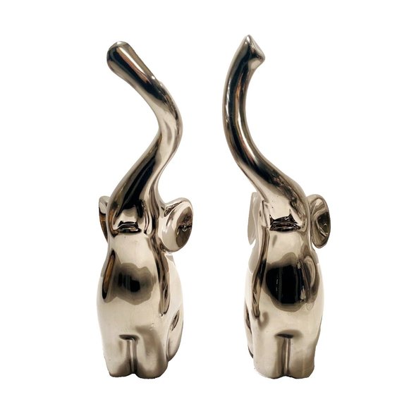 Silver Elephant Figures with Intertwined Trunks, Ceramic Set of 2, Chrome Decor - Picture 4 of 16